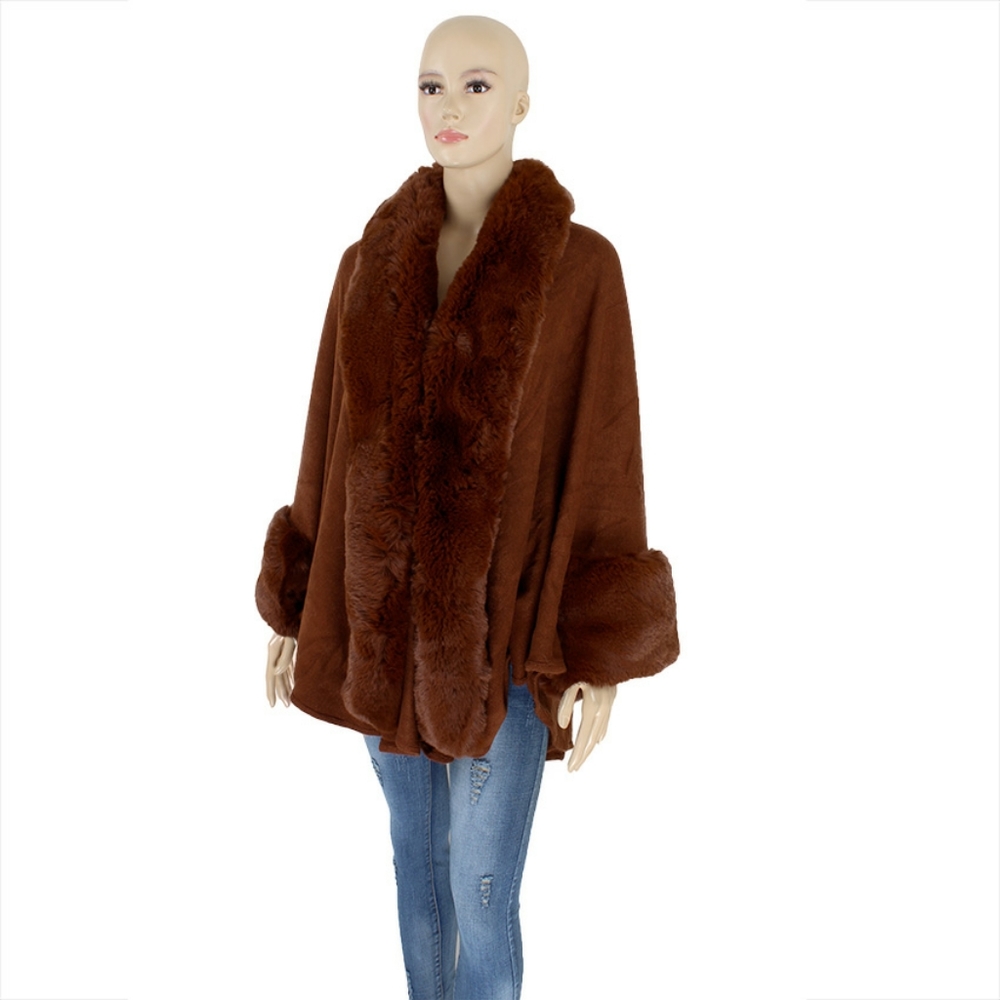 Coffee Fur Collar Cuff Poncho